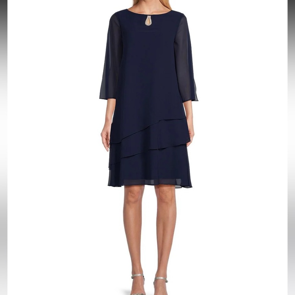Marina Dress Tiered Embellished Navy Chiffon Trapeze Wedding Guest Womens Size 6